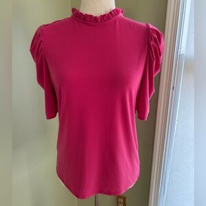 CeCe pink puff sleeved ruffle necked top size Small. Hot pink in excellent shape